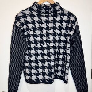 Ann Taylor Houndstooth Mock Neck Boxy Cotton Blend Sweater X SMALL Black & Gray